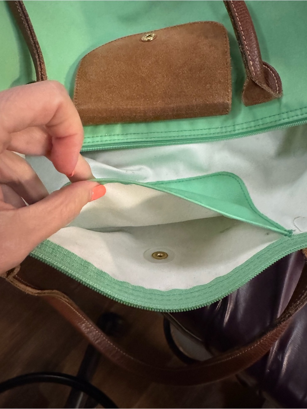 Longchamp Green Tote with Pink Lettering and Brown Trim - Picture 9 of 14